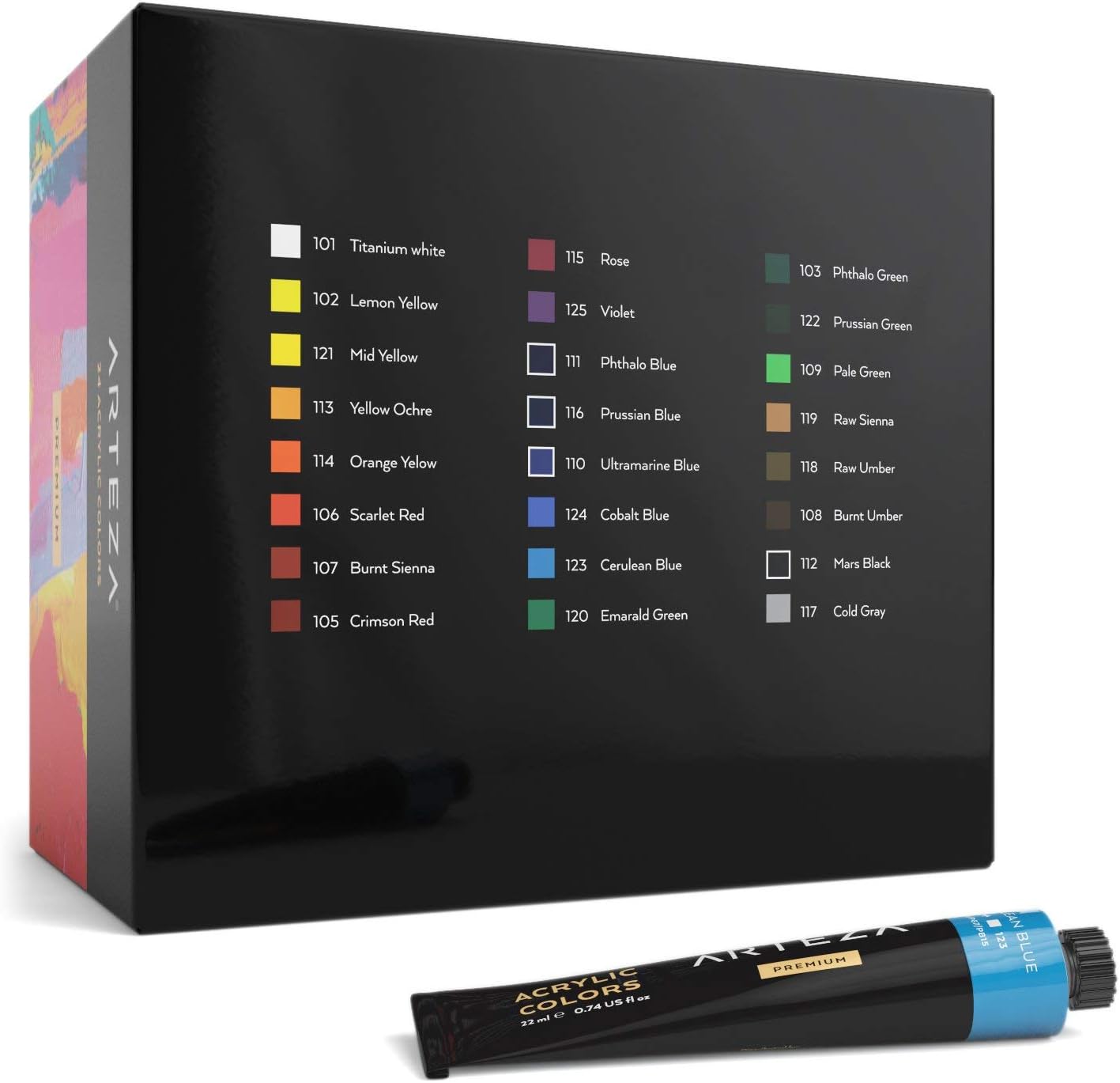 ARTEZA Acrylic Paint Set of 24 Tubes (0.74 oz, 22 ml) Non Toxic Acrylic Artist Paints